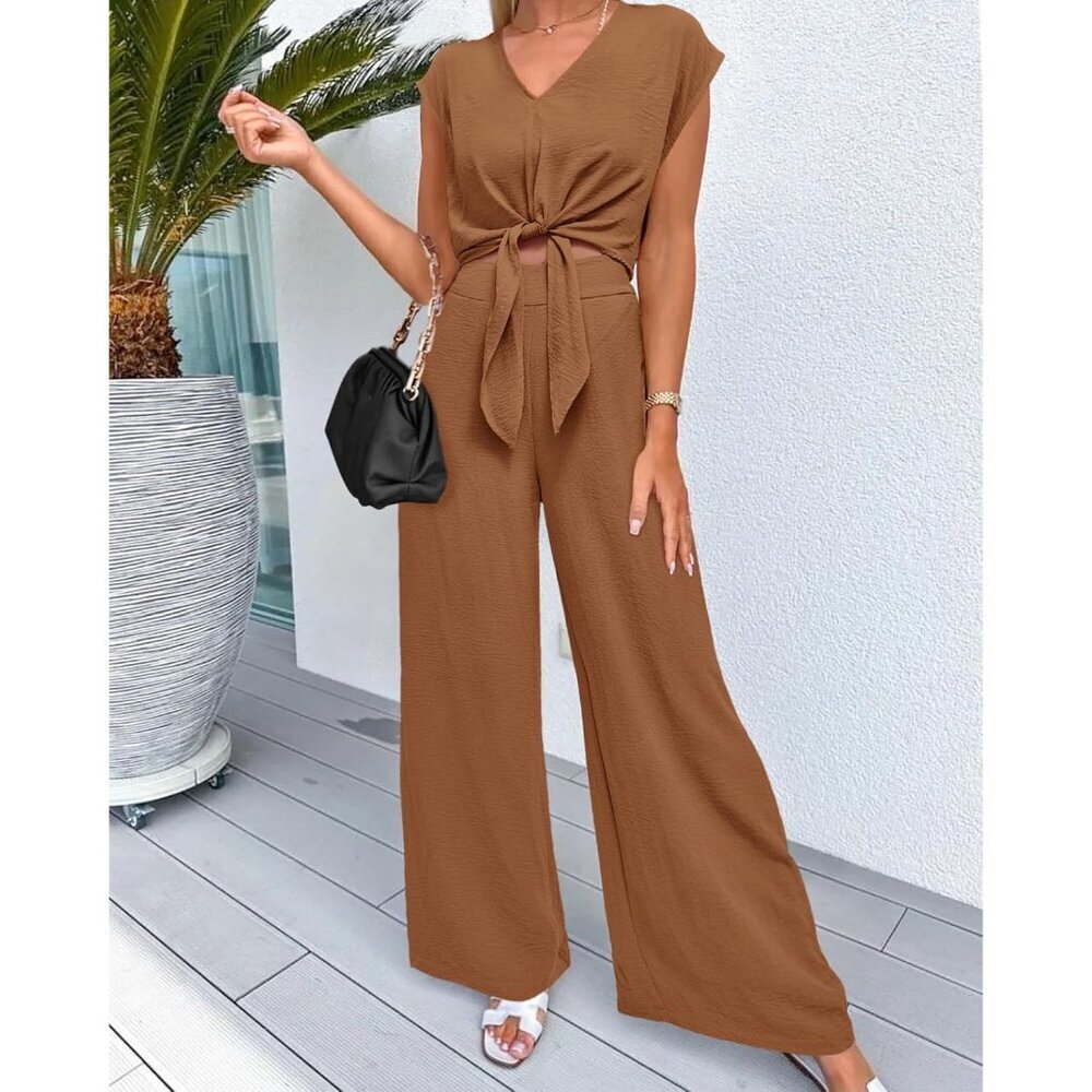 Women's 2 Piece Summer Outfits Polyester V Neck Crop Top Wide Leg Pants - Picture 2 of 7